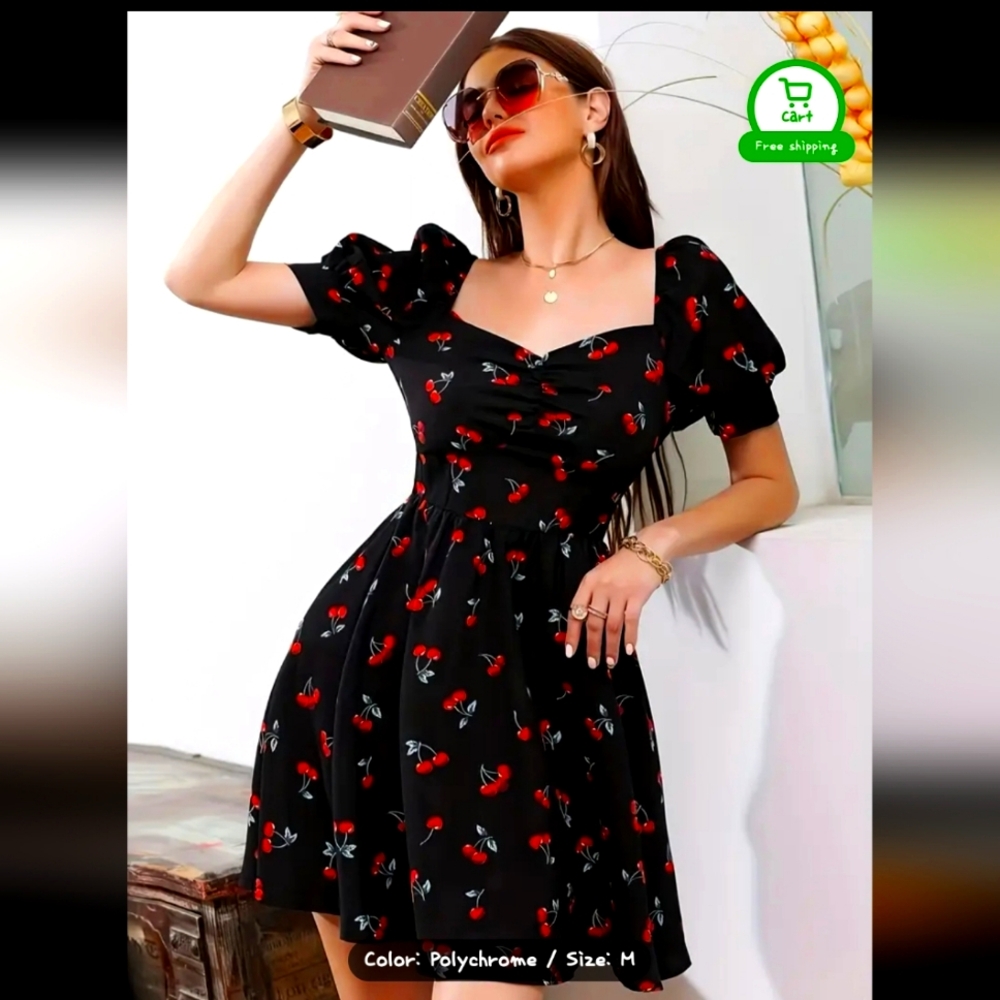 PINUP GIRL RETRO CHERRY 🍒 BOMB A LINE SQUARE NECKLINE PUFF SLEEVE DRESS size M